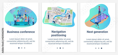 Modern flat illustrations in the form of a slider for web design. A set of UI and UX interfaces for the user interface.Business conference, GPS navigation.