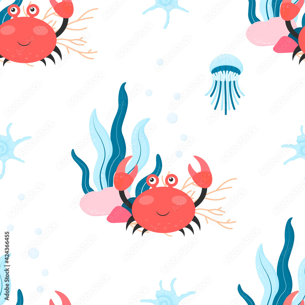 Seamless background with crab. Vector pattern with crab jellyfish and plants on a white background.