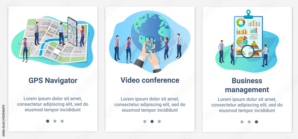 Modern flat illustrations in the form of a slider for web design. A set of UI and UX interfaces for the user interface.GPS navigation, video conferencing, and business management.