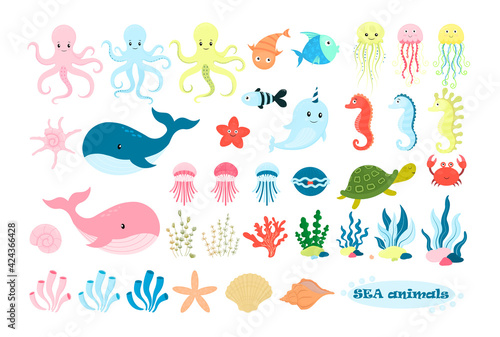 Cartoon sea life. Marine and oceanic fauna. Nvector