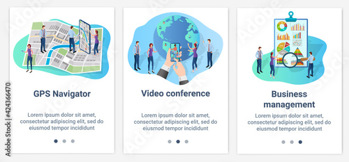 Modern flat illustrations in the form of a slider for web design. A set of UI and UX interfaces for the user interface.GPS navigation, video conferencing, and business management.
