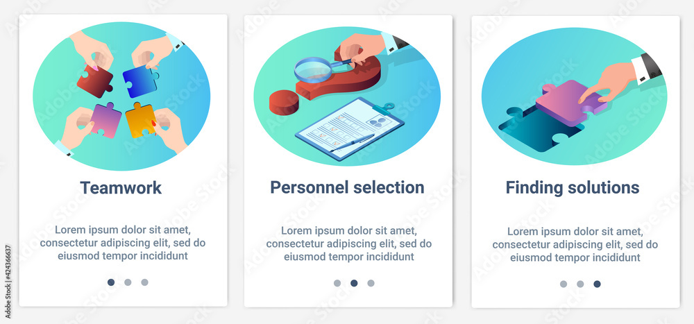 Modern flat illustrations in the form of a slider for web design. A set of UI and UX interfaces for the user interface.Search for solutions, teamwork and recruitment. Modern flat illustrations in the form of a slider for web design. A set of UI and UX interfaces for the user interface.Search for solutions, teamwork and recruitment.