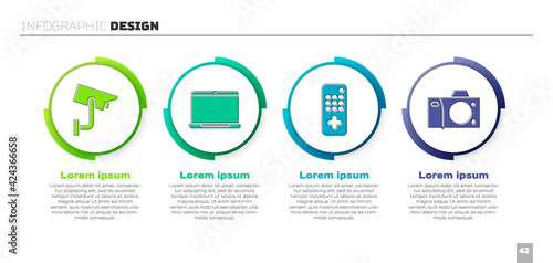 Set Security camera, Laptop, Remote control and Photo camera. Business infographic template. Vector
