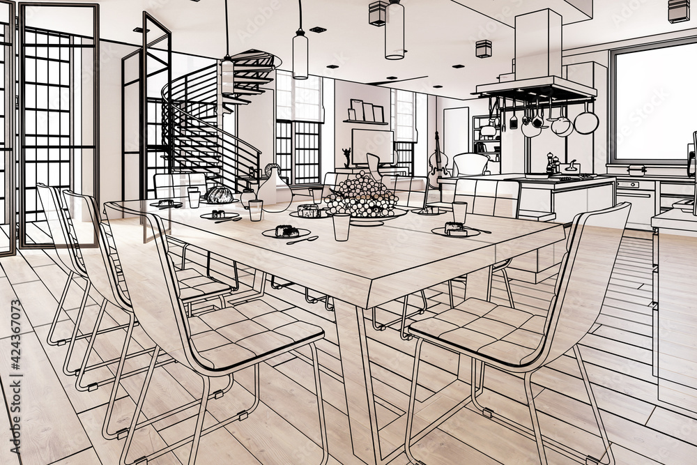 Luxury Residential Loft Interior Design (sketch) - 3d visualization Luxury Residential Loft Interior Design (sketch) - 3d visualization
