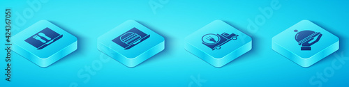 Set Isometric Online ordering and delivery, Online ordering burger delivery, Covered with a tray of food and Fast delivery by car icon. Vector