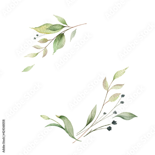 Watercolor vector wreath of green branches and leaves.
