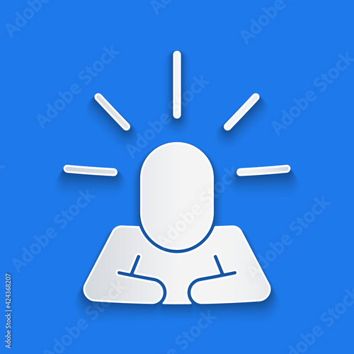 Paper cut Depression and frustration icon isolated on blue background. Man in depressive state of mind. Mental health problems. Paper art style. Vector