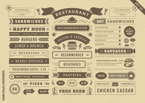 Restaurant menu typographic decoration design elements set vintage and retro style vector illustration