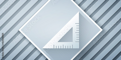 Paper cut Triangular ruler icon isolated on grey background. Straightedge symbol. Geometric symbol. Paper art style. Vector