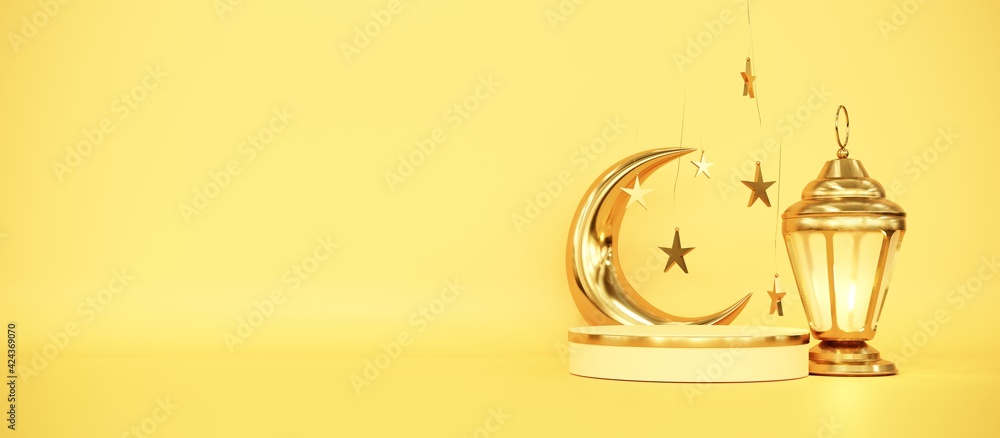 Ramadan Kareem greeting template with arabic lantern, moon, gift, presents and stars. Podium, stand on holiday light background for advertising products - 3d render illustration for cards, greetings. Ramadan Kareem greeting template with arabic lantern, moon, gift, presents and stars. Podium, stand on holiday light background for advertising products - 3d render illustration for cards, greetings.