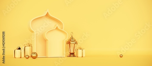 Ramadan Kareem greeting template with arabic lantern, moon, gift, presents and stars. Podium, stand on holiday light background for advertising products - 3d render illustration for cards, greetings.