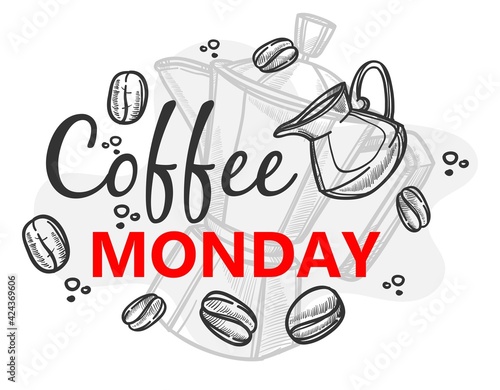 Coffee monday, beans and cezve with brewed drink
