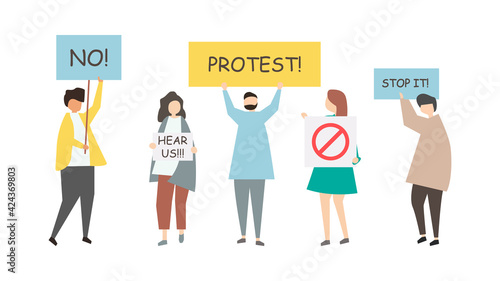 People protested with banners. The concept of revolution, uprising or boycott. Vector illustration in flat style