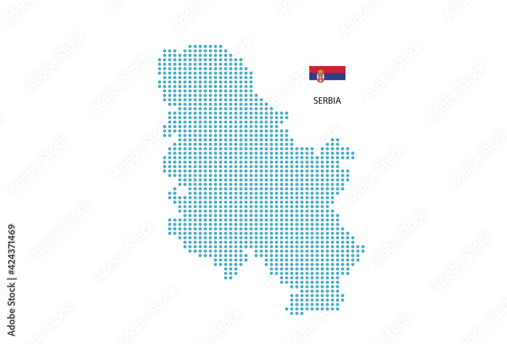 Serbia map design blue circle, white background with Serbia flag.