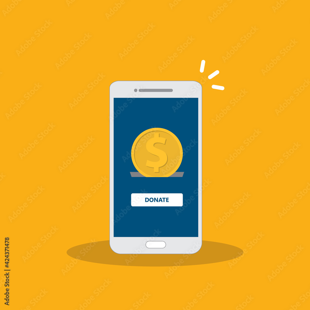 Donate online concept. Smartphone with gold coin and button on screen. Donate online concept. Smartphone with gold coin and button on screen.