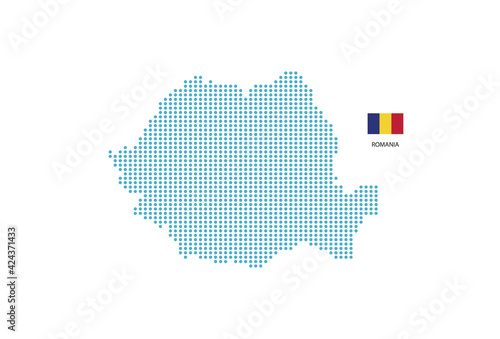 Romania map design blue circle, white background with Romania flag.