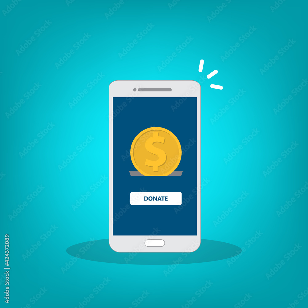 Donate online concept. Smartphone with gold coin and button on screen. Donate online concept. Smartphone with gold coin and button on screen.