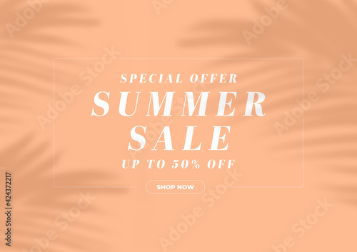 Special offer summer sale banner template. Palm leaves shadow minimal design.