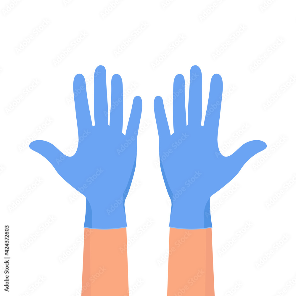 Hands putting on protective blue gloves. Hands in sterile blue gloves. Hands putting on protective blue gloves. Hands in sterile blue gloves.