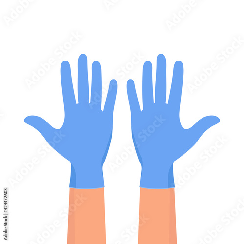 Hands putting on protective blue gloves. Hands in sterile blue gloves.