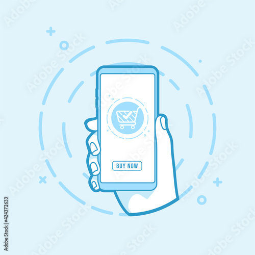 Online shopping concept. Hand holding smartphone icon in line style.