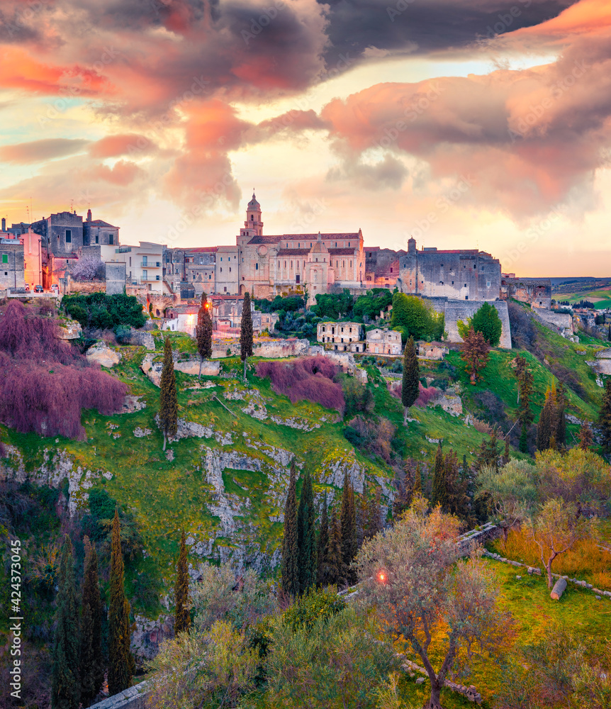 Сharm of the ancient cities of Europe. Nice summer sunrise on Gravina in Puglia tovn. Amazing morning landscape of Apulia, Italy, Europe. Traveling concept background.