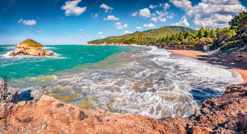 Fototapeta premium Beautiful marine scenery. Astonishing summer view of popular scenic spot Isola di Campi and Baia di Campi beach, Apulia region, Italy, Europe. Stunning morning seascape of Adriatic sea.