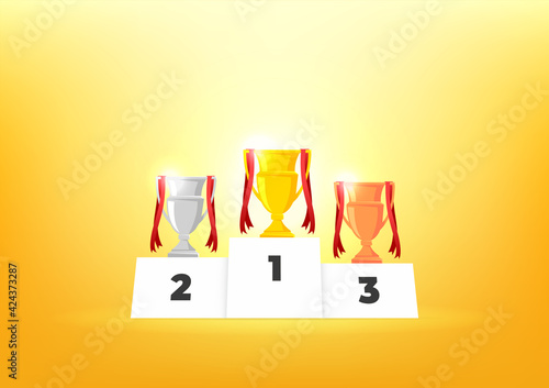 Winners podium with cups. Prizes for the Champions. Gold, silver and bronze cups.
