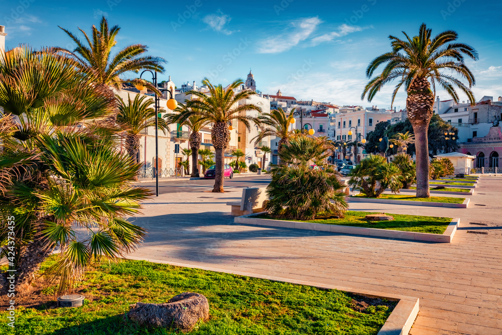 Сharm of the ancient cities of Europe. Sunny morning view of central park of Vieste town. Captivating spring scene of Apulia, Italy, Europe. Traveling concept background.