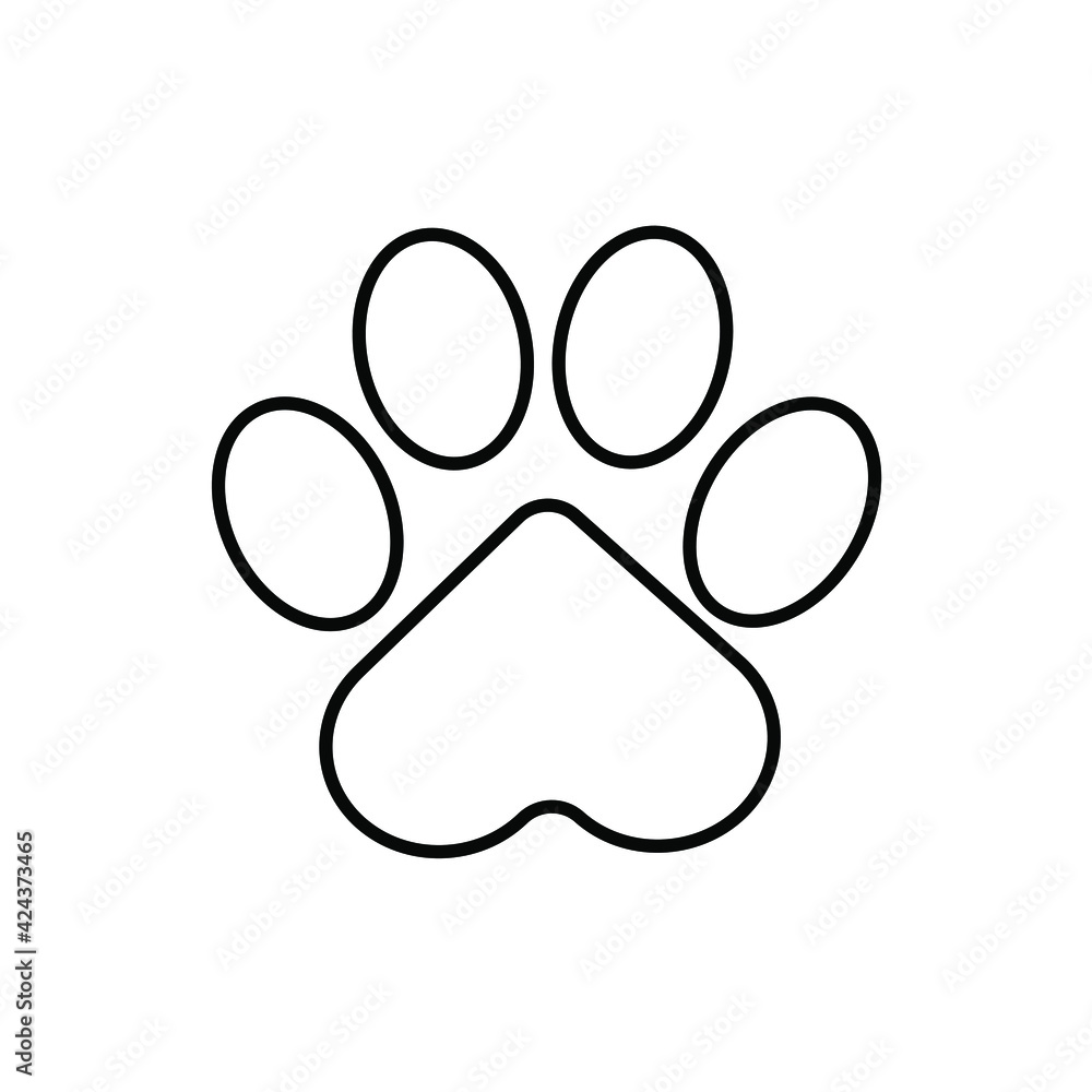 Paws of a cat, dog, puppy. Black footprint of an animal isolated on white background for coloring books, postcards, websites, veterinary clinics, children's prints. Vector graphics. Paws of a cat, dog, puppy. Black footprint of an animal isolated on white background for coloring books, postcards, websites, veterinary clinics, children's prints. Vector graphics.