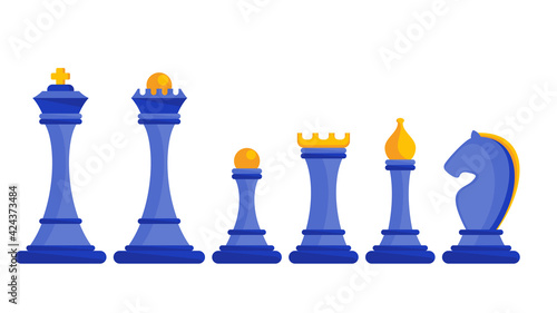 Set of figures for chess. King, queen and rook, bishops, knights