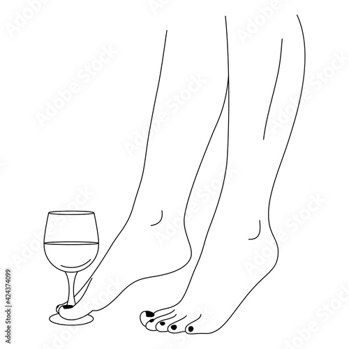 Beautiful Woman's Legs and Wineglass in Trendy Minimal Linear Style. Vector Line Art Female Body