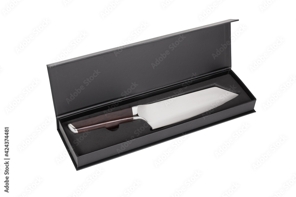 Meat cleaver from stainless steel with wooden handle lie in black box isolated on white background. Kitchen knife for chopping meat in black box.
Meat cleaver from stainless steel with wooden handle lie in black box isolated on white background. Kitchen knife for chopping meat in black box.