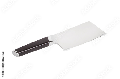 Meat cleaver from stainless steel with wooden handle isolated on white background. Kitchen knife for chopping meat. 