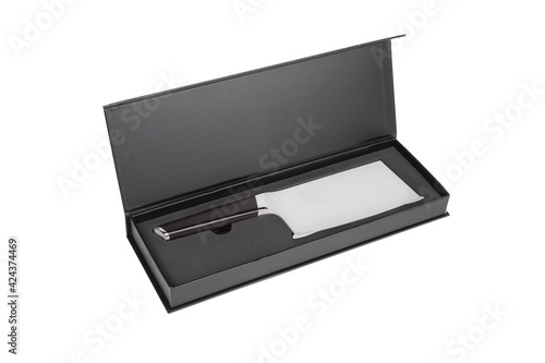Stainless steel butcher s knife on black box. Meat cleaver knife.