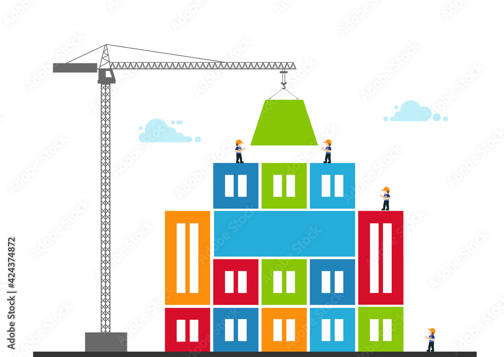 Tower crane made of colored blocks builds city. concept of building Tower crane made of colored blocks builds city. concept of building