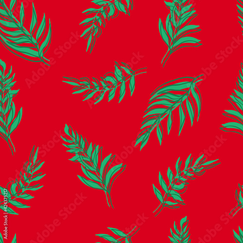 seamless pattern palm leaves green leaves and contours on background. For textiles, packaging, fabrics, wallpapers, backgrounds, invitations. Summer tropics hand illustration