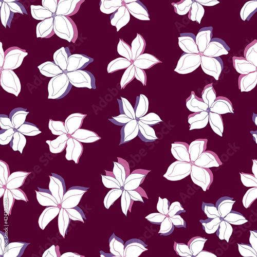 seamless pattern multicolored flowers with shadow. Botanical illustration for wallpapers, textiles, fabrics, wrapping paper, postcards, backgrounds.