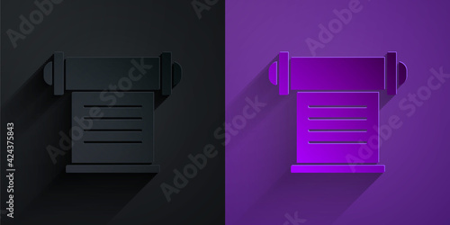 Paper cut Decree, paper, parchment, scroll icon icon isolated on black on purple background. Paper art style. Vector