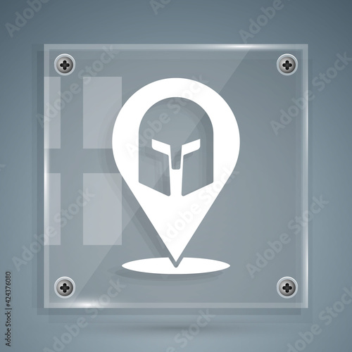 White Greek helmet icon isolated on grey background. Antiques helmet for head protection soldiers with a crest of feathers or horsehair. Square glass panels. Vector