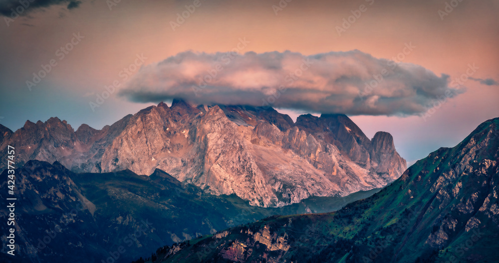Dramatic sunrise on Giau pass. Amazing summer scene of Dolomite Alps, Cortina d’Ampezzo region, Province of Belluno, Italy, Europe. Aerial landscape photography..