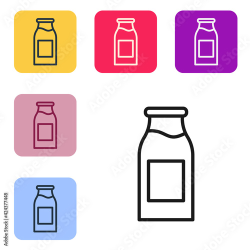 Black line Closed glass bottle with milk icon isolated on white background. Set icons in color square buttons. Vector Illustration