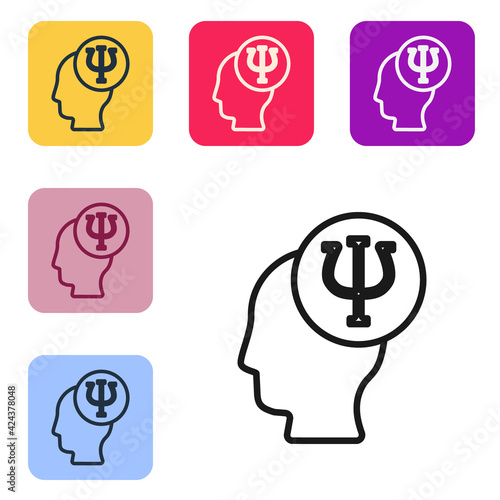 Black line Psychology icon isolated on white background. Psi symbol. Mental health concept, psychoanalysis analysis and psychotherapy. Set icons in color square buttons. Vector