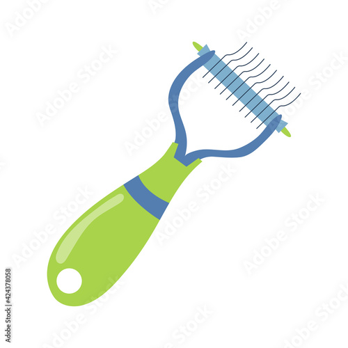 Brush for wool with sharp teeth isolated on white background. Brush for animal fur. Pet accessory. Vector cartoon illustration.