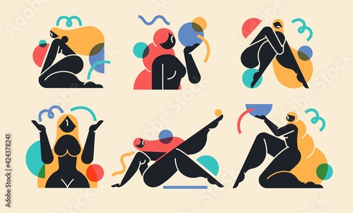 Set of beautiful modern women geometric silhouettes illustrations with with abstract shapes. Contemporary minimalistic style art. Feminity concept
