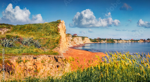 Beautiful summer scenery. Amazing summer landscape of Mania Beach. Colorful morning scene of Cephalonia island, Greece, Europe. Nice seascape of Ionian Sea. Traveling concept background.