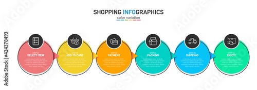 Concept of shopping process with 6 successive steps. Six colorful graphic elements. Timeline design for brochure, presentation, web site. Infographic design layout.