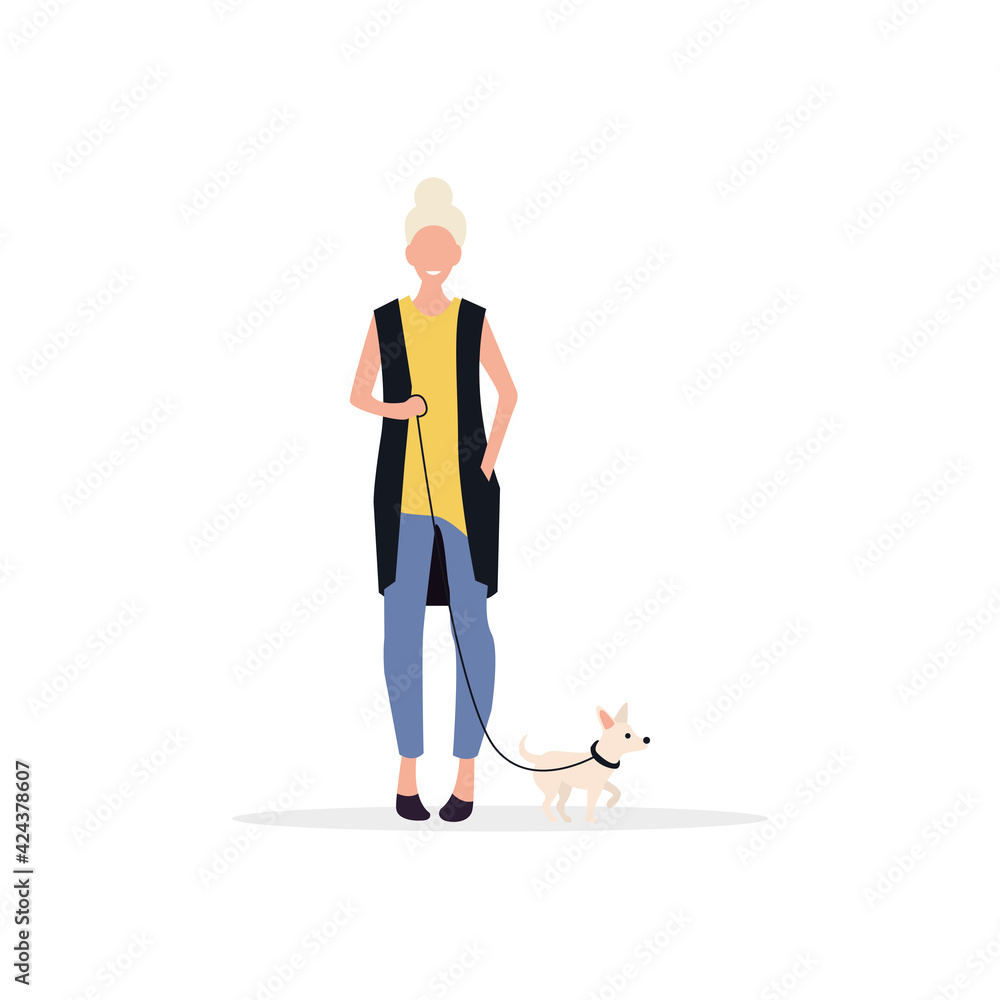 Fototapeta premium A woman on a walk with her dog on a leash. Time with your pet. Flat style. Vector lustration.