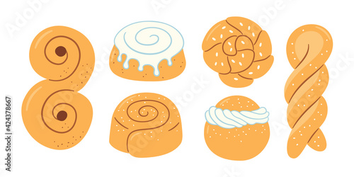Traditional swedish sweets. Kanelbulle bun, cinnamon roll, Pepparkakor, Semla, lussekatt, dammsugare, prinsesstarta, waffle and chokladboll. Hand drawn isolated vector illustration on white background