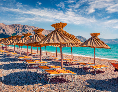 Fototapeta Naklejka Na Ścianę i Meble -  Beautiful resort scenery. Sunny morning scene of Baska Beach. Adorable summer seascape of Adriatic sea, Baska town location, Krk island, Kvarner bay archipelago, Croatia, Europe.